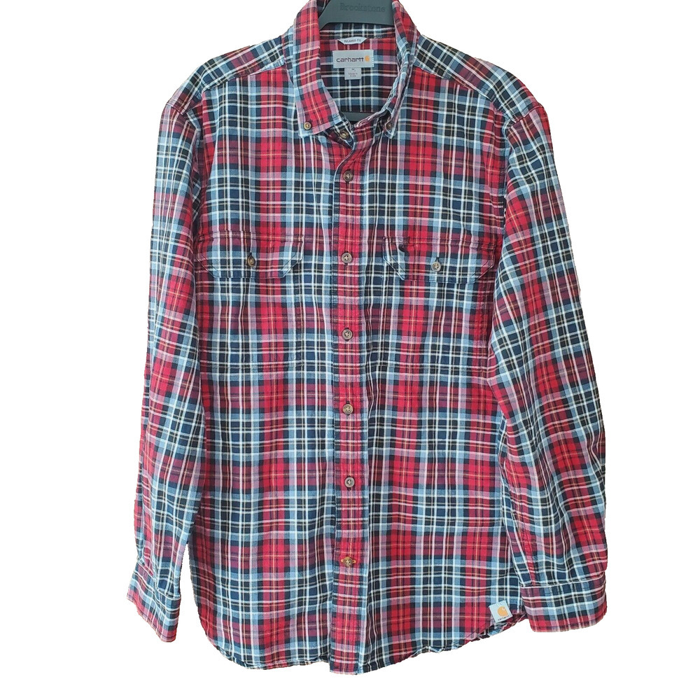 Carhartt Men's Relaxed Fit Button Down Plaid Long Sleeve Shirt Size M Red